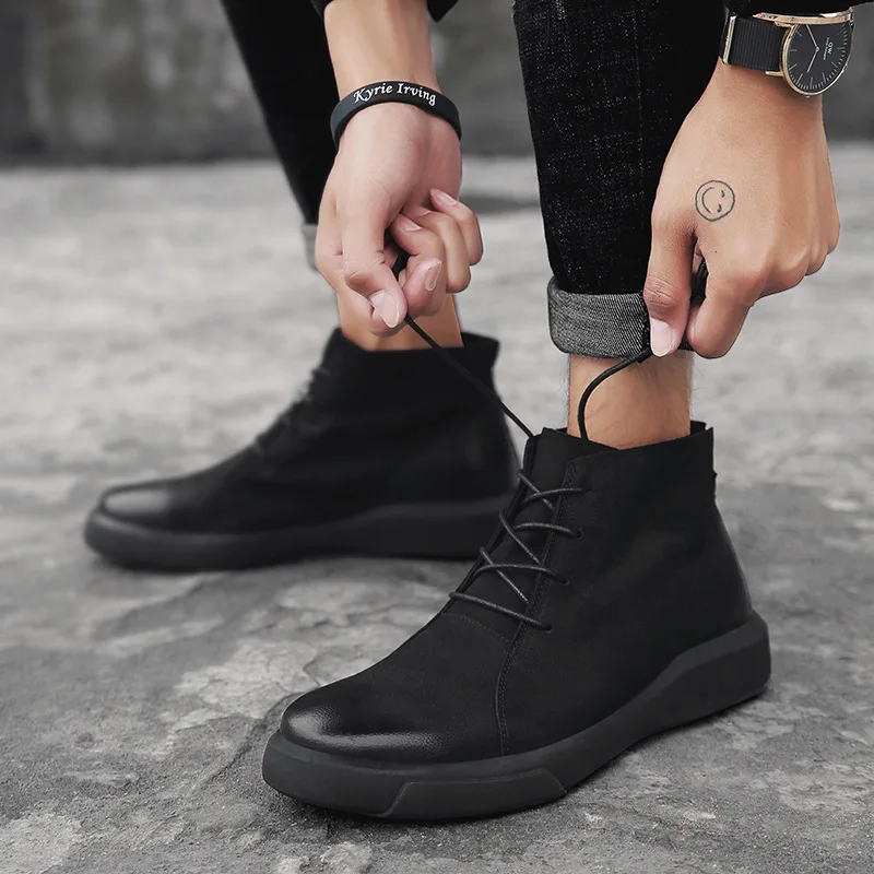 Зимние брендовые ботинки; мужские кожаные ботинки; теплые ботинки в байкерском стиле; осенние уличные ботинки; размеры 38-47 - Цвет: Черный