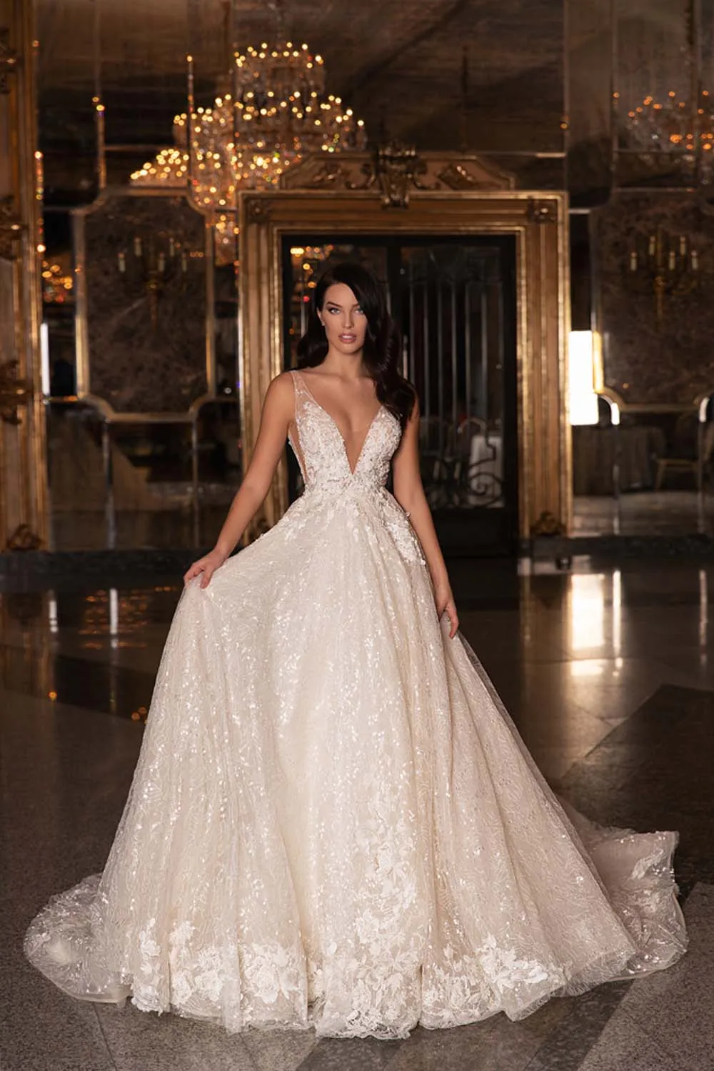 

Luxury Shining and sparkling A-Line Wedding Dress V-shaped neckline bodice decorated small loose Flowers Bride Gown Plus Size
