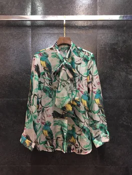 

2019 Autumn & Winter New Arrival Elegant Vintage Bow-tie Neck Flowers Print Long Sleeve 100% Silk Women Shirt Size S M L