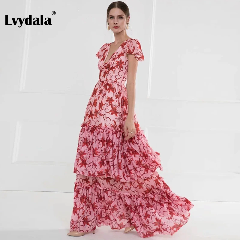 Lvydala, высокое качество, сексуальное платье макси, летнее, женское, короткий рукав, v-образный вырез, цветочный принт, оборки, для праздника, вечеринки, элегантное, макси платье