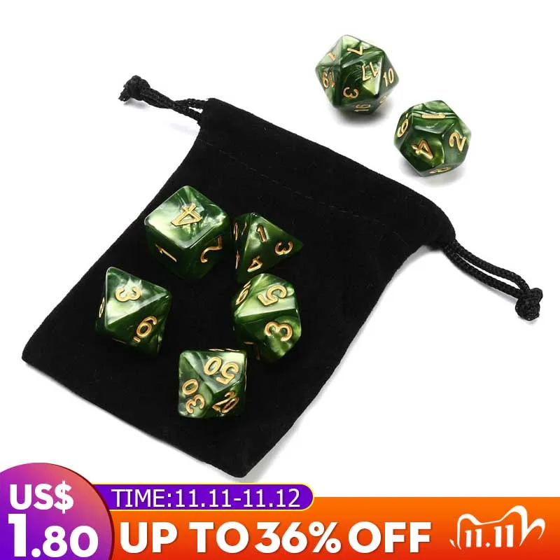 7 Pcs Luminous Green Marble TRPG Polyhedral Glitter Dice Mult-sided RPG Set Gadget Role Playing Board Game With Bag | Спорт и