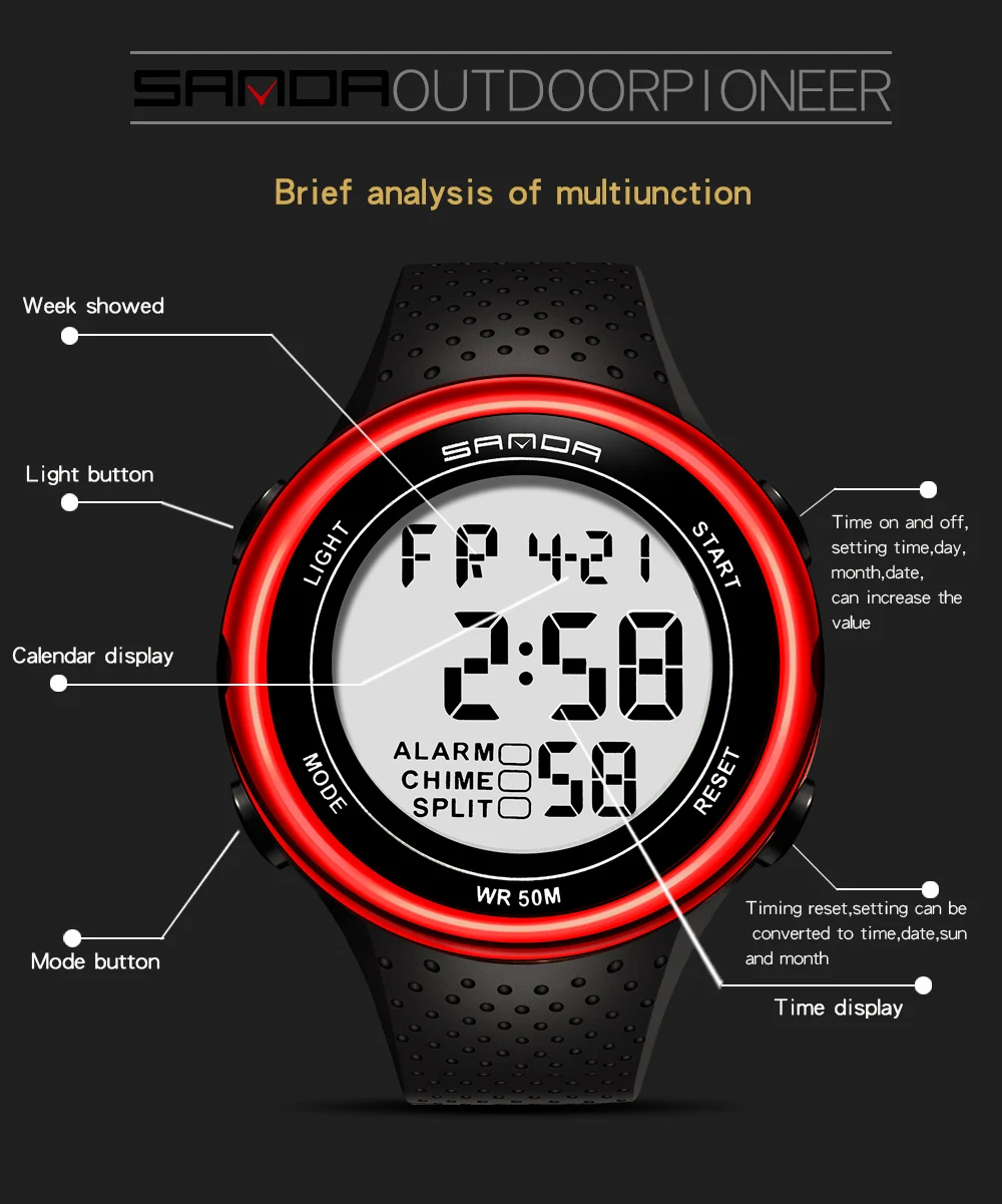 10 Year Battery Watch Oudoor Sport Watch Men 100M Waterproof Digital Watches Man Japanese Movement Thai Rubber Strap Sanda Watch