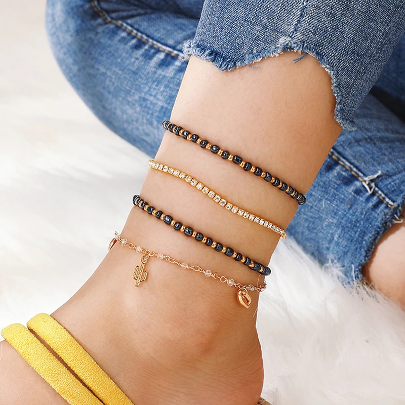 Tocona 4Pcs/Set Fine Gold Feet Chain for Women Shining Crystal Beads Anklets Set Beach Fashion Jewellery Women Accessories 8144