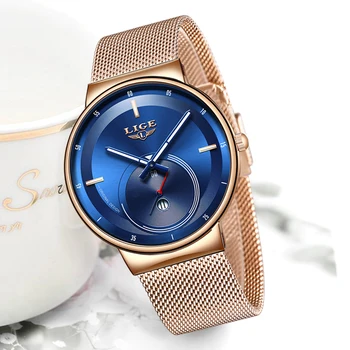 

2020 LIGE New Womens Watch Top Luxury Blue Fashion Watch Women Mesh Waterproof Clock Slim Quartz Ladies Watch Relogio Feminino