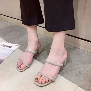 

2020 summer New Women Sandals Slippers Square Field Slippers Chunky-Heel Braid Open-Toe Sandals shoes