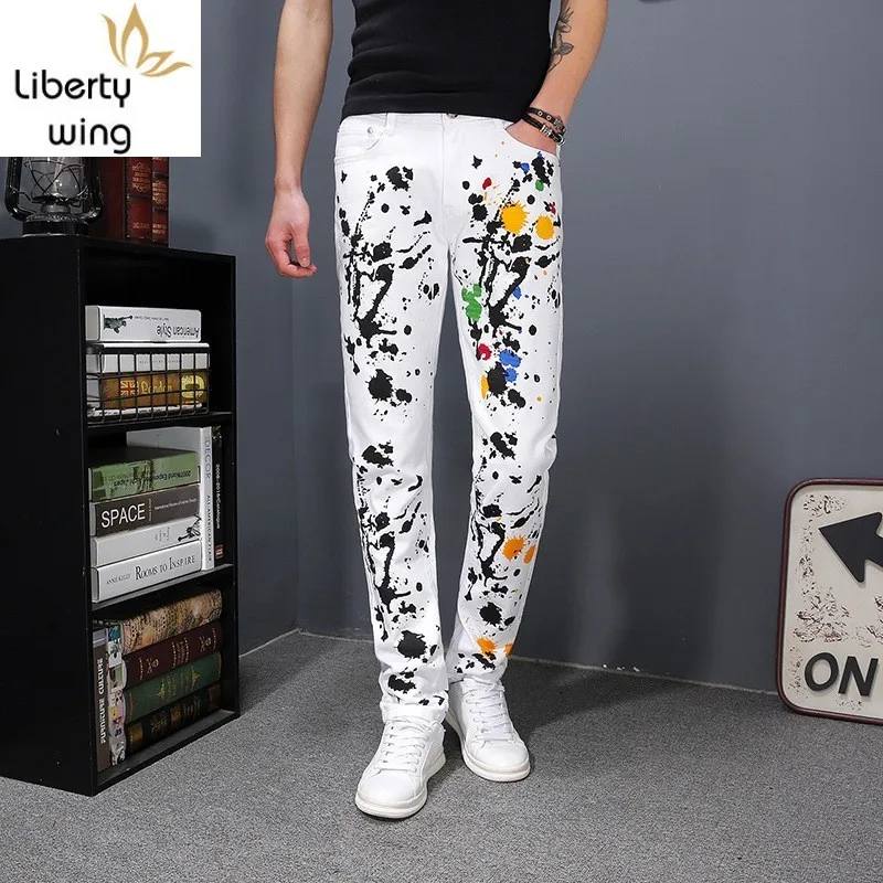 

2020 Spring Straight Denim Trousers Fashion Printing Slim Jogger Pencil Pants Casual Street White Hip Hop Men Zipper Jeans