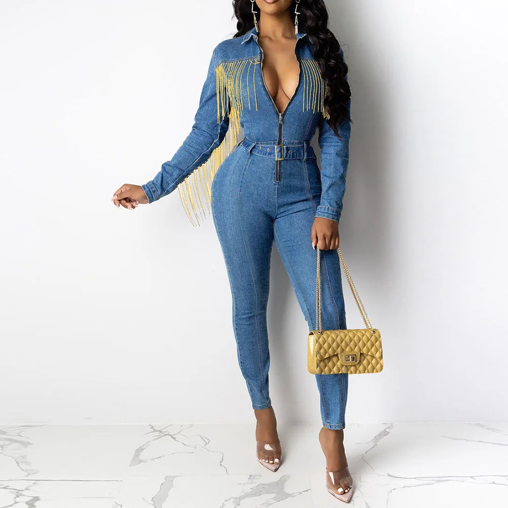 Сексуальный джинсовый комбинезон с v-образным вырезом и кисточками длинным