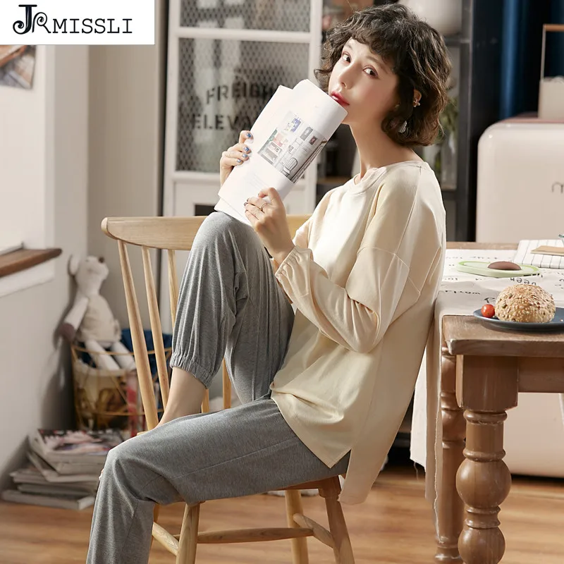 

JRMISSLI Autumn Pyjamas Women Cotton Pajamas Set Solid Pijamas Mujer Long Sleeve Sweet Casual Plus Size Sleepwear