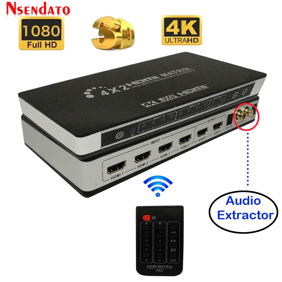  Full HD 4K 2K 3D 1080P HDMI Matrix 4X2 Switch Splitter Converter Adapter with Remote Control Digita