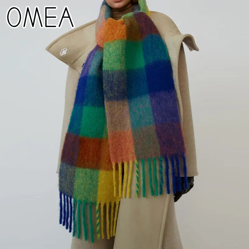 

OMEA Blanket Scarf Color Matching Plaid Winter Scarf Women Pashmina Cashmere Scarf Luxury Brand >175cm 2019 Brushed Wool Poncho