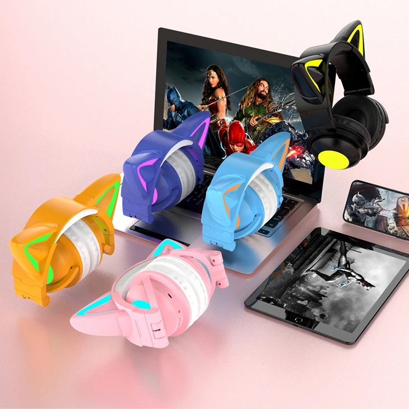 New ZW068 Bluetooth5.0 Headphone Wireless Headset With HD Microphone Cat Ear Cute LED Light Flashing for Girl Gift