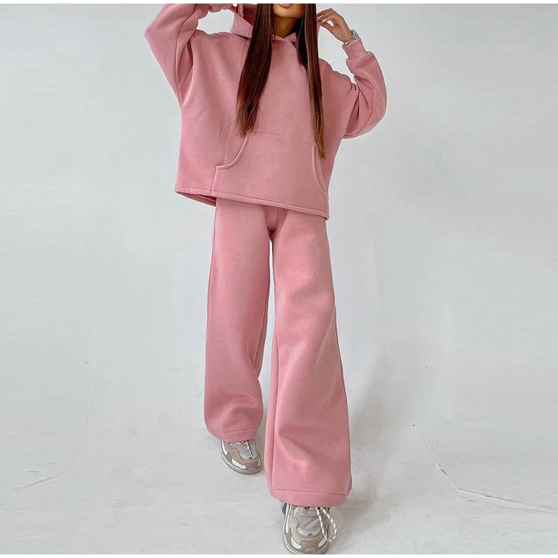 Women Basic Hooded Tracksuit Two Piece Sets Pullover Sweatshirt Top And High Waist Wide Leg Pant Suits Female Fashion Streetwear tweed two piece set