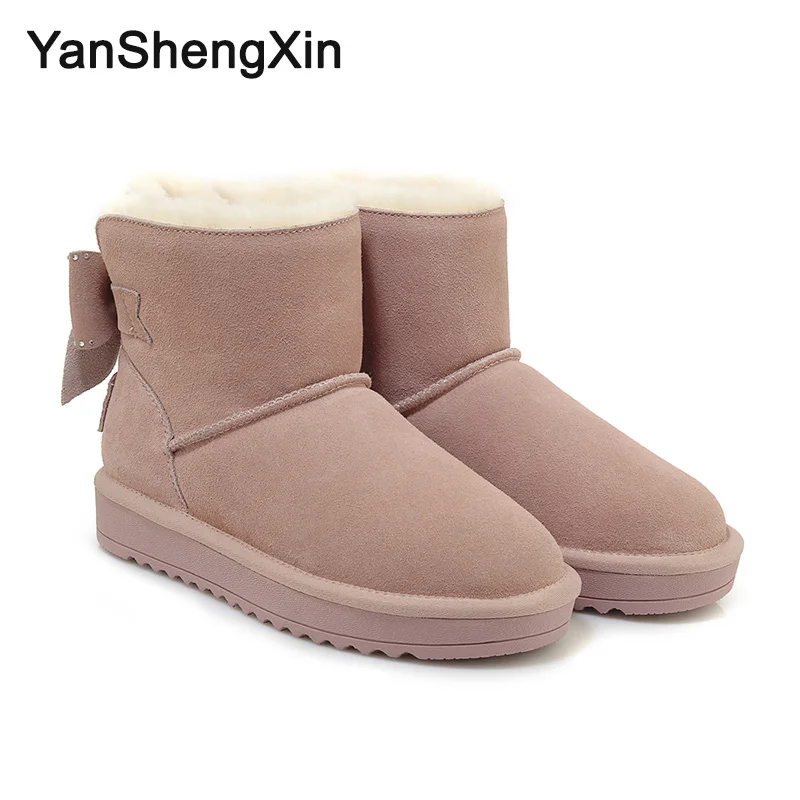 YANSHENGXIN/обувь; женские ботинки; зимние сапоги из коровьей кожи; теплая шерстяная женская обувь; зимние сапоги; женские ботинки со стразами и бантом