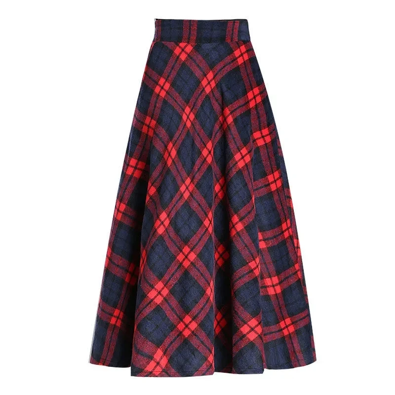 Printed Plaid Long Skirt Women's 2023 Autumn And Winter New  High Waisted A-Line Skirt Female With Pocket 831