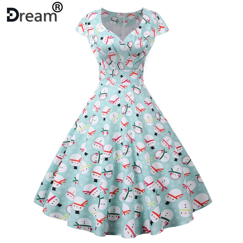 Blue Christmas Party Dress Women 2020 Short Sleeve V Neck Elegant Vintage Print Xmas New Year