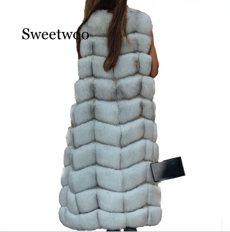 Winter Super Long Fur Vest  Women Faux Fox Fur Vest Furry Slim Woman Fake Fur Coat Jacket Long Outwear