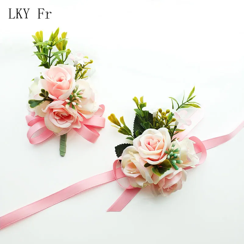 

LKY Fr Wedding Boutonniere Groom Brooch Flowers Artificial Roses Bracelet for Bride Corsage Pins Marriage Wedding Men Buttonhole
