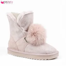 G& Zaco/ботинки из овечьей кожи и шерсти женские зимние ботинки из натуральной кожи ботинки на меху с помпонами из коровьей кожи женская зимняя теплая обувь на плоской подошве розового и черного цвета, 1808