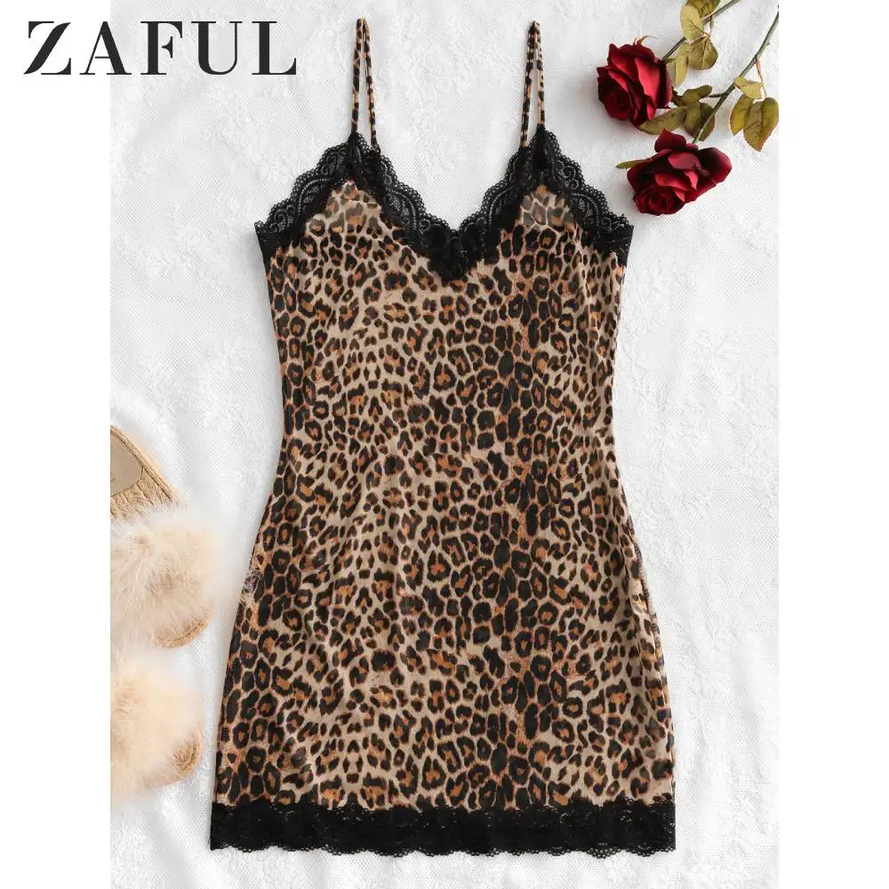 ZAFUL кружевные леопардовые сетчатые ночные сорочки платье-комбинация на