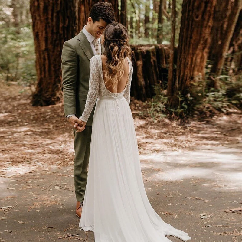 

Bohemian Wedding Dresses Long Sleeves Jewel Neck A Line Lace Applique Chiffon Bridal Gowns suknie slubne abiti da sposa