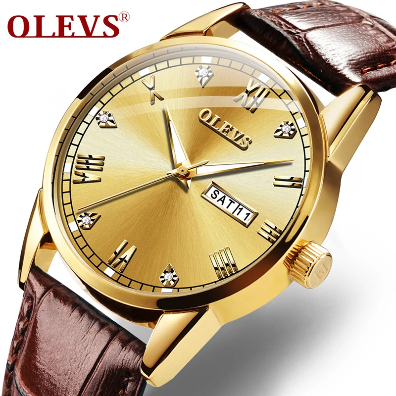 

OLEVS Breathable Leather Strap, Week Display, Calendar, Waterproof, Automatic Quartz Watch Men's Gift Men`s Watches Luxury Watch