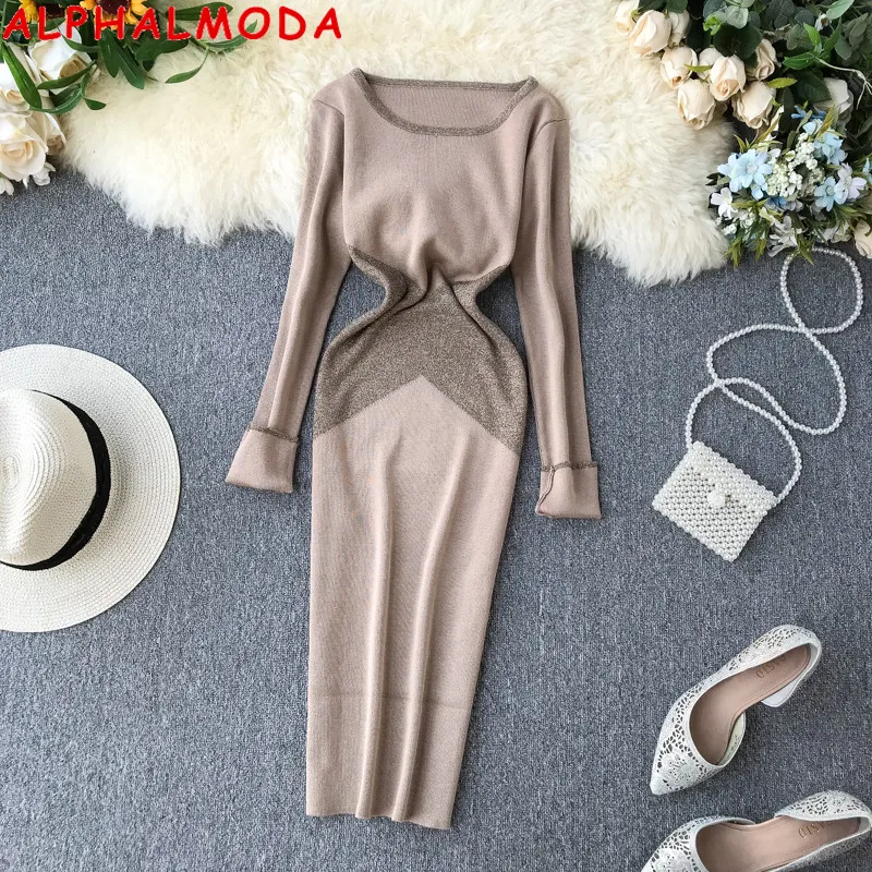 

ALPHALMODA Vintage Shining Silk Knitting Patchwork Dress Women Winter New Style Stretchy Bottom Knit Dress Retro Straight Dress