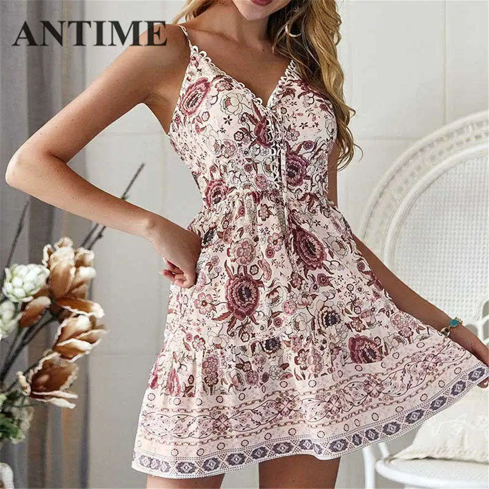 ANTIME Boho платье на бретельках женское летнее богемное ТРАПЕЦИЕВИДНОЕ ПЛАТЬЕ С v-образным вырезом на шнуровке повседневное Мини шифоновое платье без рукавов винтажное