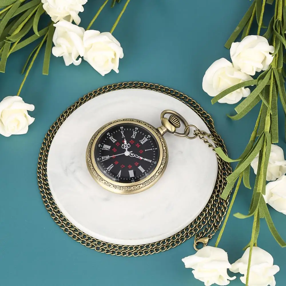 Open Face Fob Watch Quartz Analog Roman Numerals Pocket Watches Chain Durable Alloy Pocket Clock Mens 3