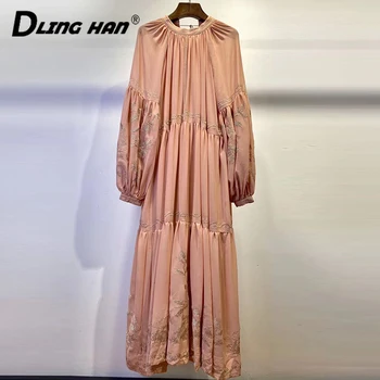 

DLINGHAN Vintage Floral Embroidery Maxi Dress Elegant Puff Sleeve Stand party Dresses Spring Summer Women's New