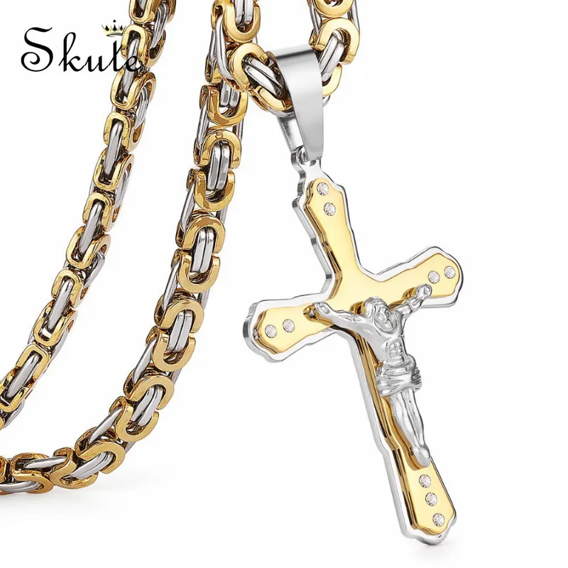 

Skute Christian Jesus Cross Crystal Pendant Necklace for Men Stainless Steel Link Byzantine Chain Necklace Crucifix Jewelry Gift