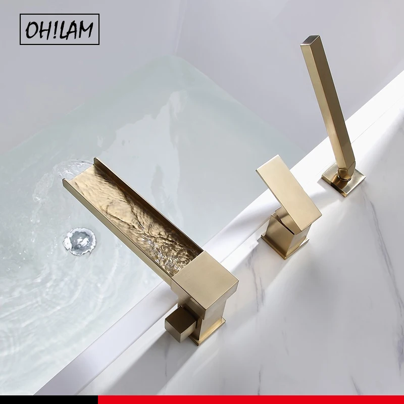 

Modern Luxury Deck-Mount Waterfall Roman Bathtub Filler Faucet with Handshower in Brushed Gold