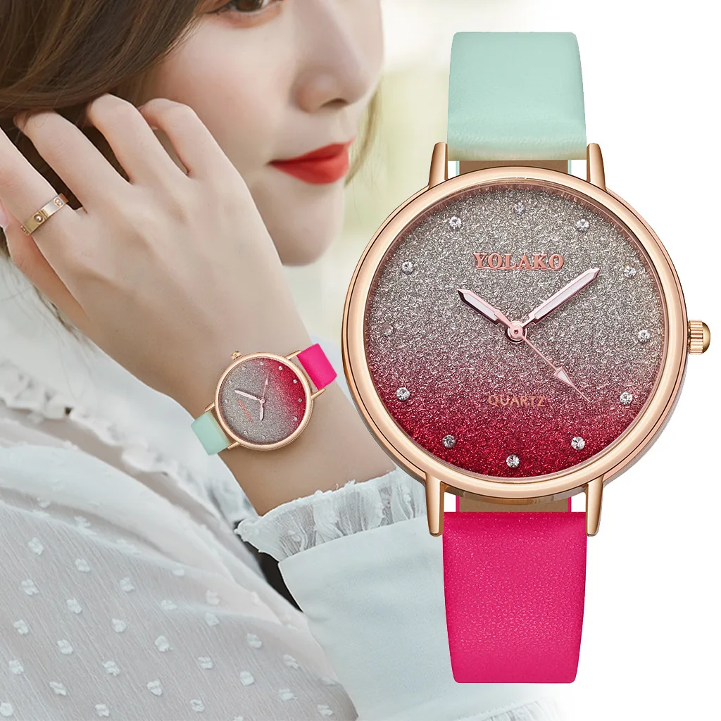 

Fashion Ladies Leather Watches Ultra-thin Color Gradient Quartz Wristwatch Dress Diamond Luxury Girl relogio feminino Clock 2019