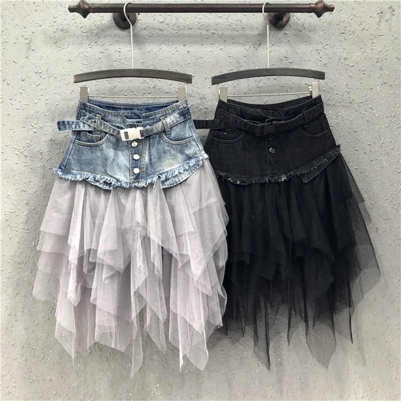 Asymetrique Denim Jean Tulle Jupes Femmes Taille Haute Longue Maille Tutu Gland Plisse Midi Gothique Jupe Avec Poches Ceinture Noir Aliexpress