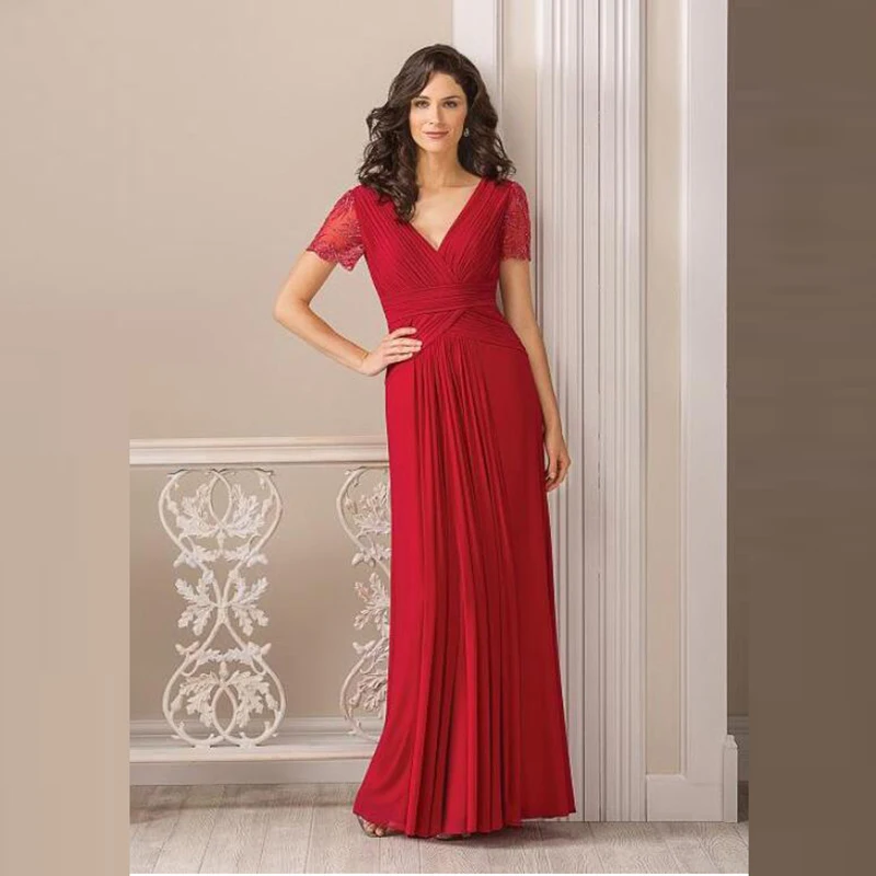 2021 Modern Simple Red Chiffon Full Length Short Sleeve Mother of the