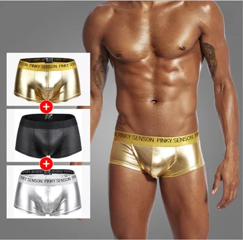 

Men's boxer pants leather underwear polyester solid color sexy big bag underwear