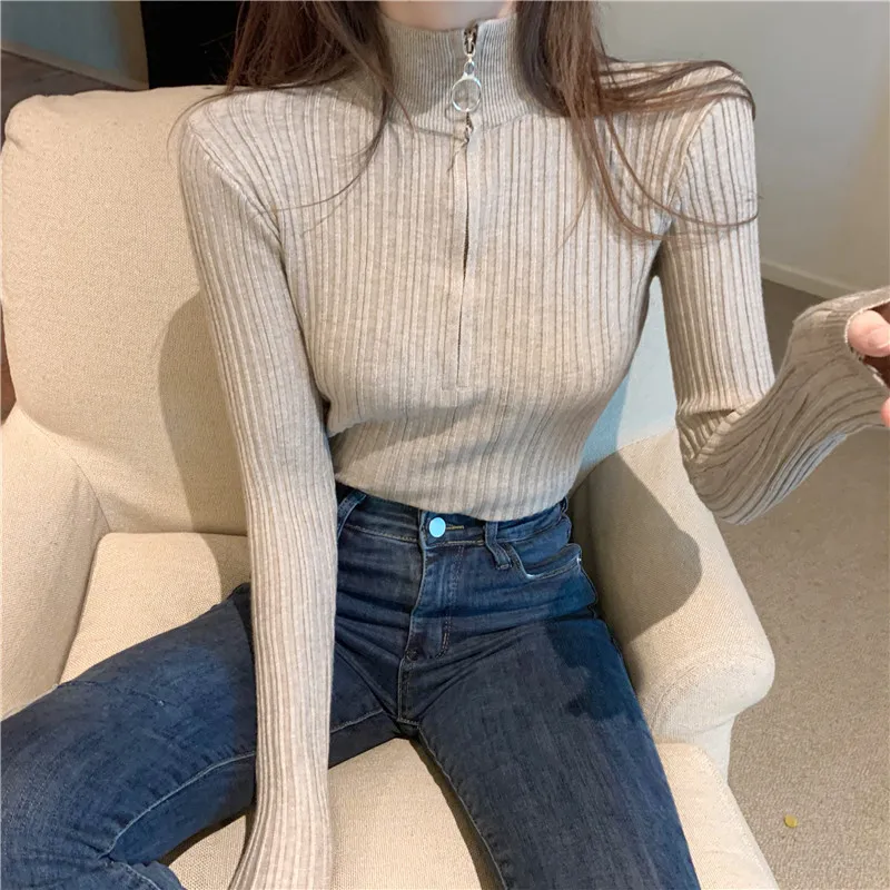 

2020 Women Knitted Collar Regular Solid Color Zipper Long-sleeved Pullovers Slimming-fit Half High Collar Sweater Female Tops