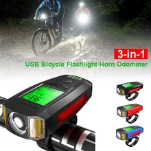

3-in-1 USB Bicycle Flashlight 5 LED Bicycle Speedometer/Horn Bike Front Light Waterproof Headlight Odometer Bike Accessories