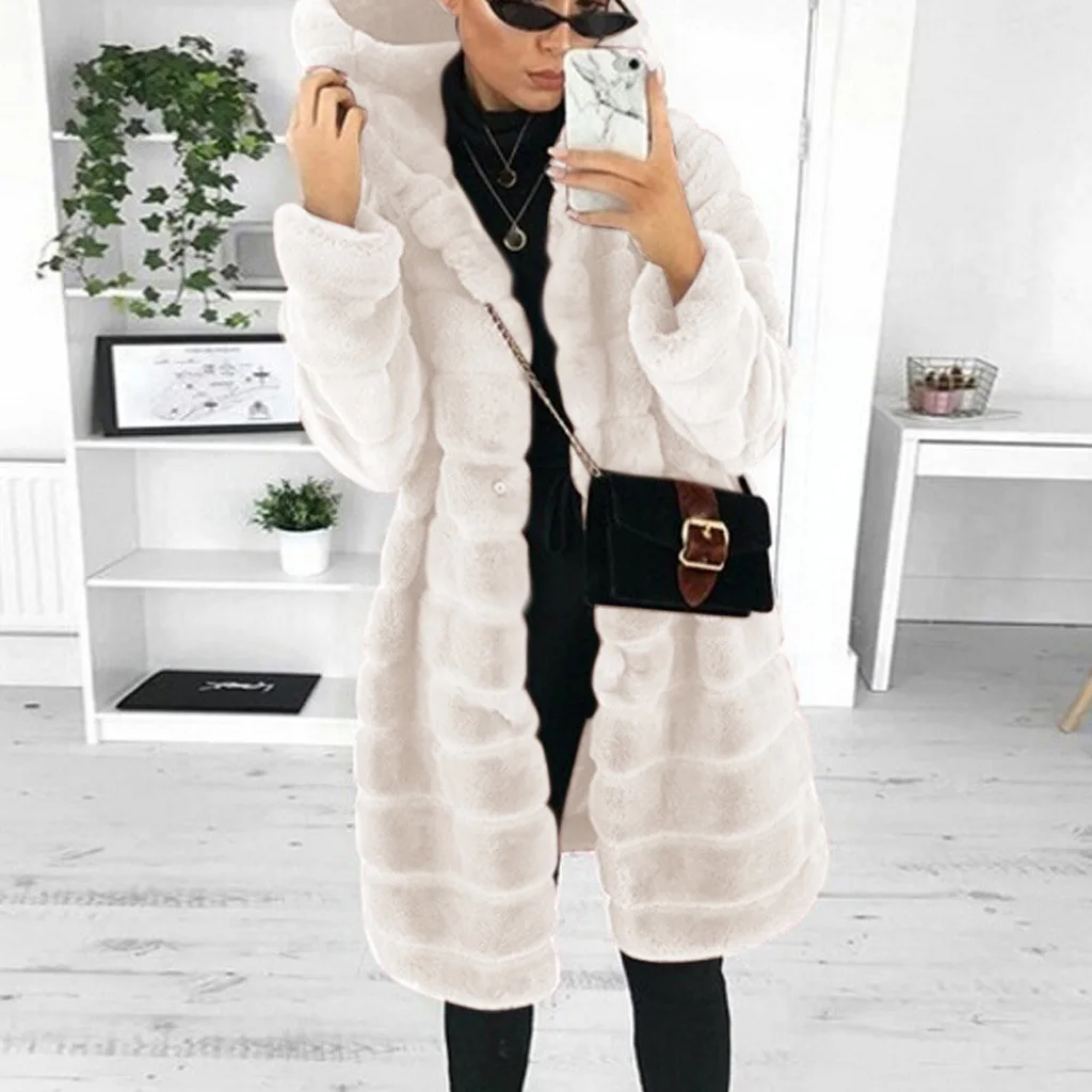 

Long Hooded Fur Coat Women Elegant Thick Warm Winter Outerwear Fashion Solid Color Fake Fur Zipper Woman Jacket New Fashion