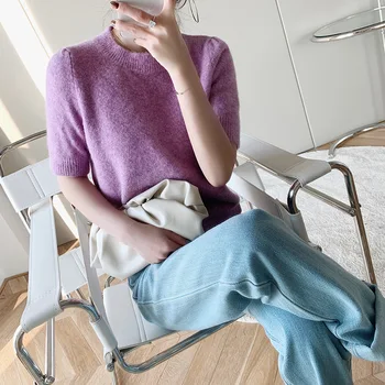 

Women Sweater 2020 Spring Summer New Lilac Short Sleeve Round Neck Wool Sweater