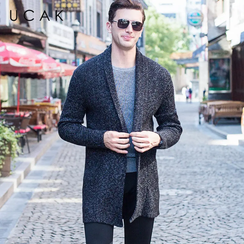 UCAK Brand Merino Wool Sweater Men Autumn Winter Cashmere Cardigan Men Streetwear Fashion Big Collar Long Sweater Coat Men U3052