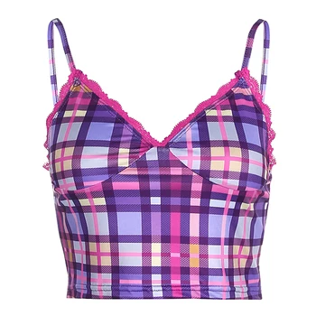 

HEYounGIRL Patchwork Lace Checkered Sleeveless Cami Top V Neck Sexy Plaid Crop Top Women Backless Summer Spaghetti Strap Tops