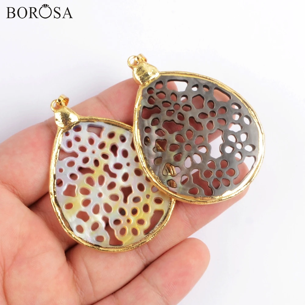 BOROSA 10 шт. позолоченная отделка висячая ручная резная Радужная желтая оболочка кулон перламутровый полый корпус для сережек ювелирные изделия G1899