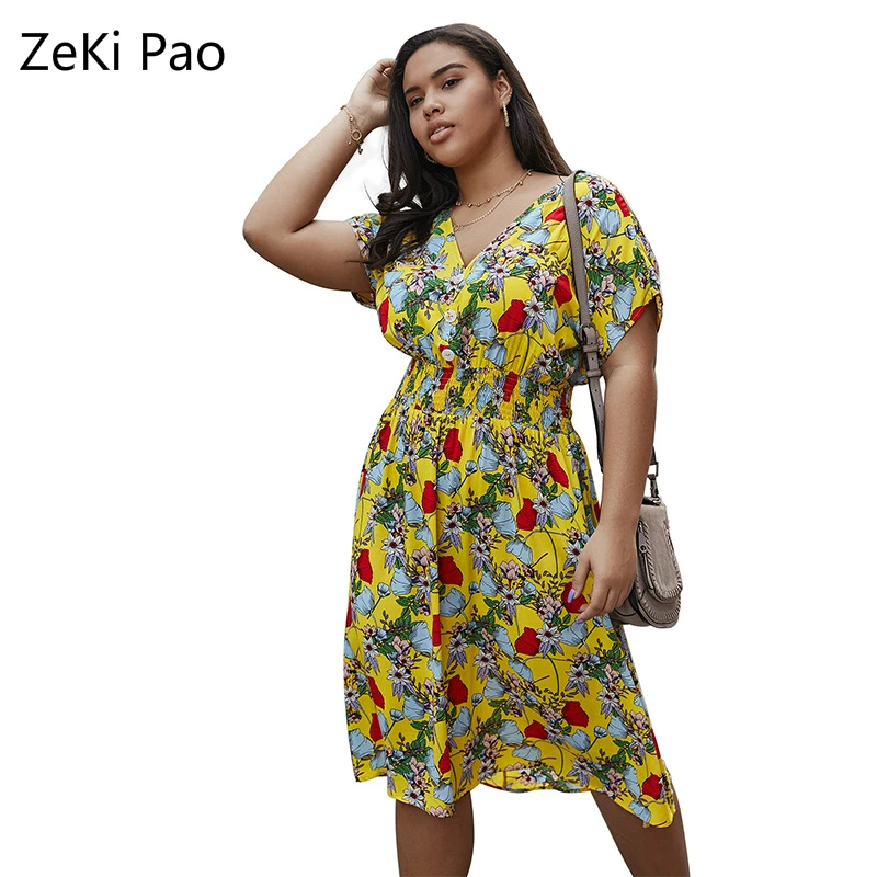 

Retro Dress Cold Should Floral Printed Casual Short Sleeve Plus Size Dresses Woman Party Night Womens Summer Ropa Sexy Mujer 4XL