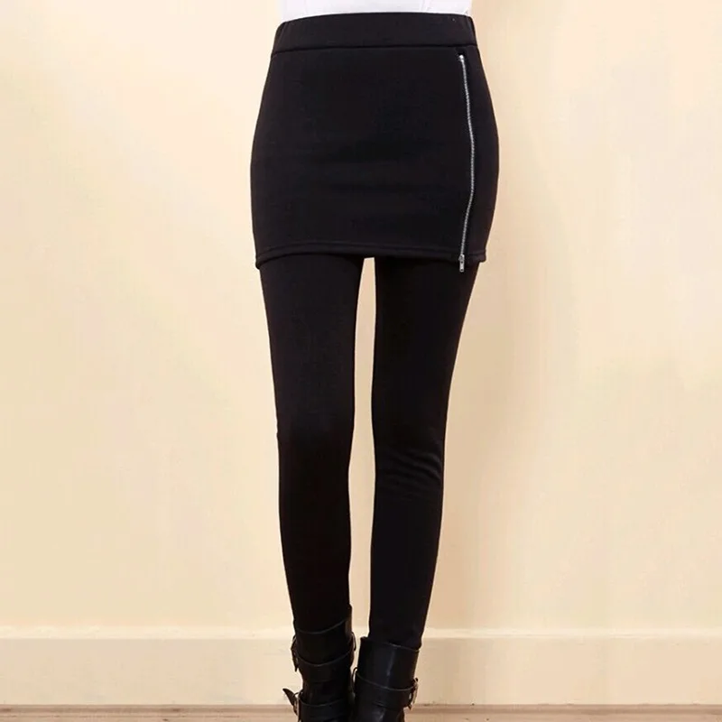 black zip Женские леггинсы осень зима толстые теплые флисовые леггинсы плиссированные эластичные по щиколотку леггинсы Женская юбка леггинсы брюки - Цвет: black zip