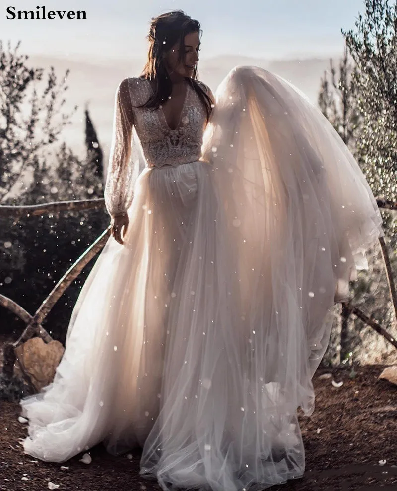 Smileven Boho Wedding Dress Puff Sleeve Sweetheart Neck Robe De Mariee Lace Bridal Dresses Wedding Dress For Girls