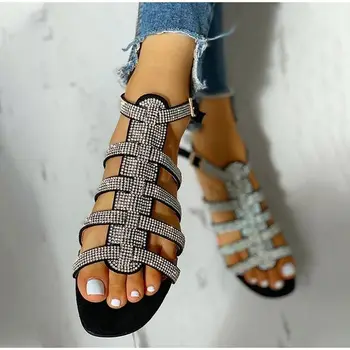 

2020 new women sandals shoes rhinestones hollow out flat summer shoes bottomed Roman sandals ladies shoes