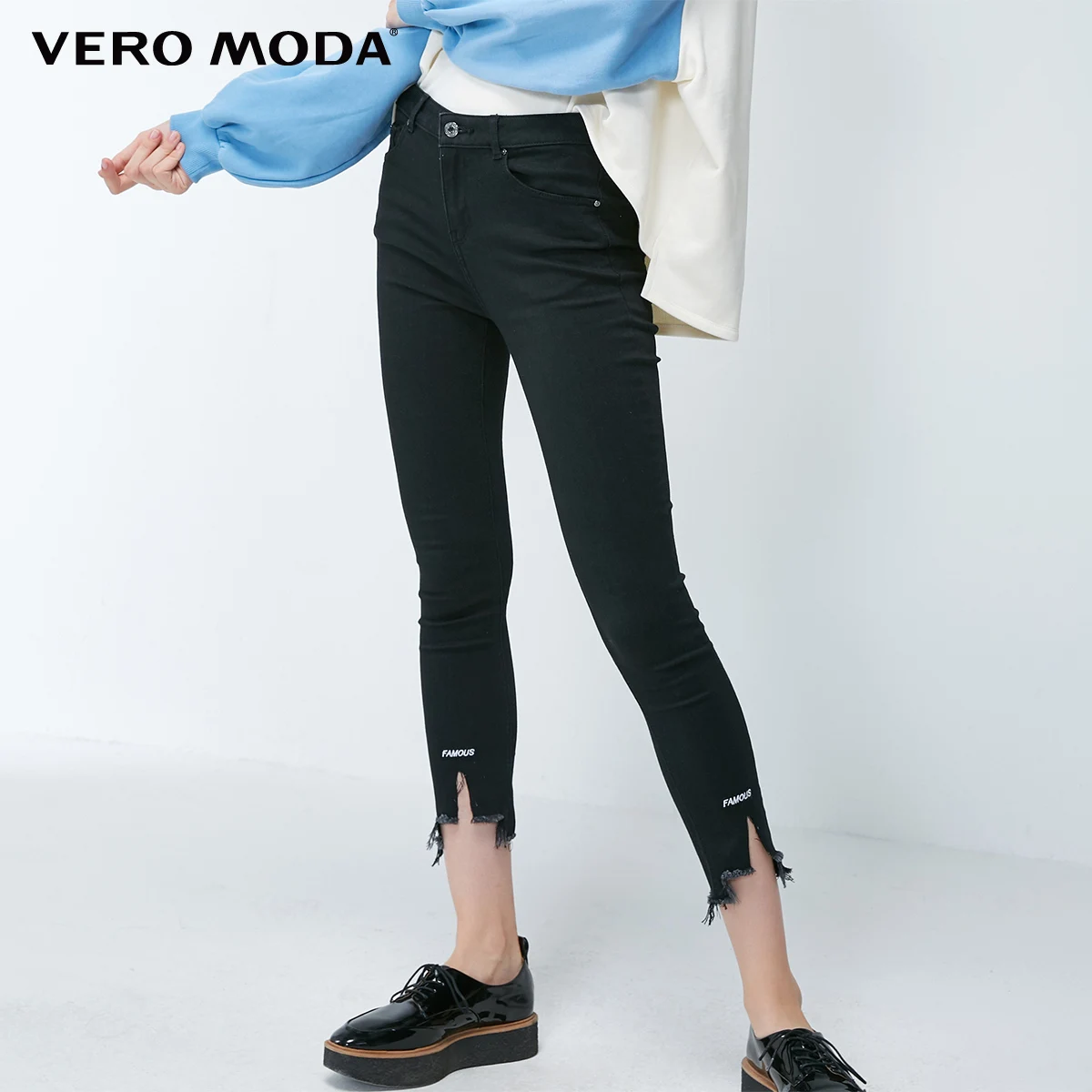 Vero Moda Новые поступления вышитые Сплит ноги Асимметричный Slim Fit необработанные джинсы | 318349545