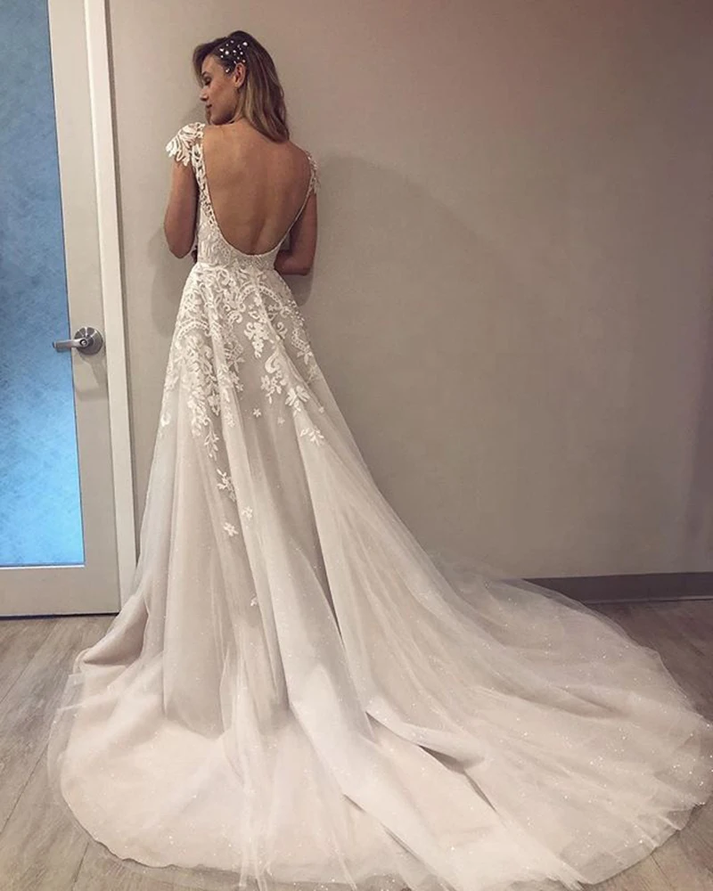 Booma-White-Ivory-Tulle-Backless-Wedding-Dress-Cap-Sleeve-Lace-with-Appliqued-Deep-V-neck-Wedding (1)