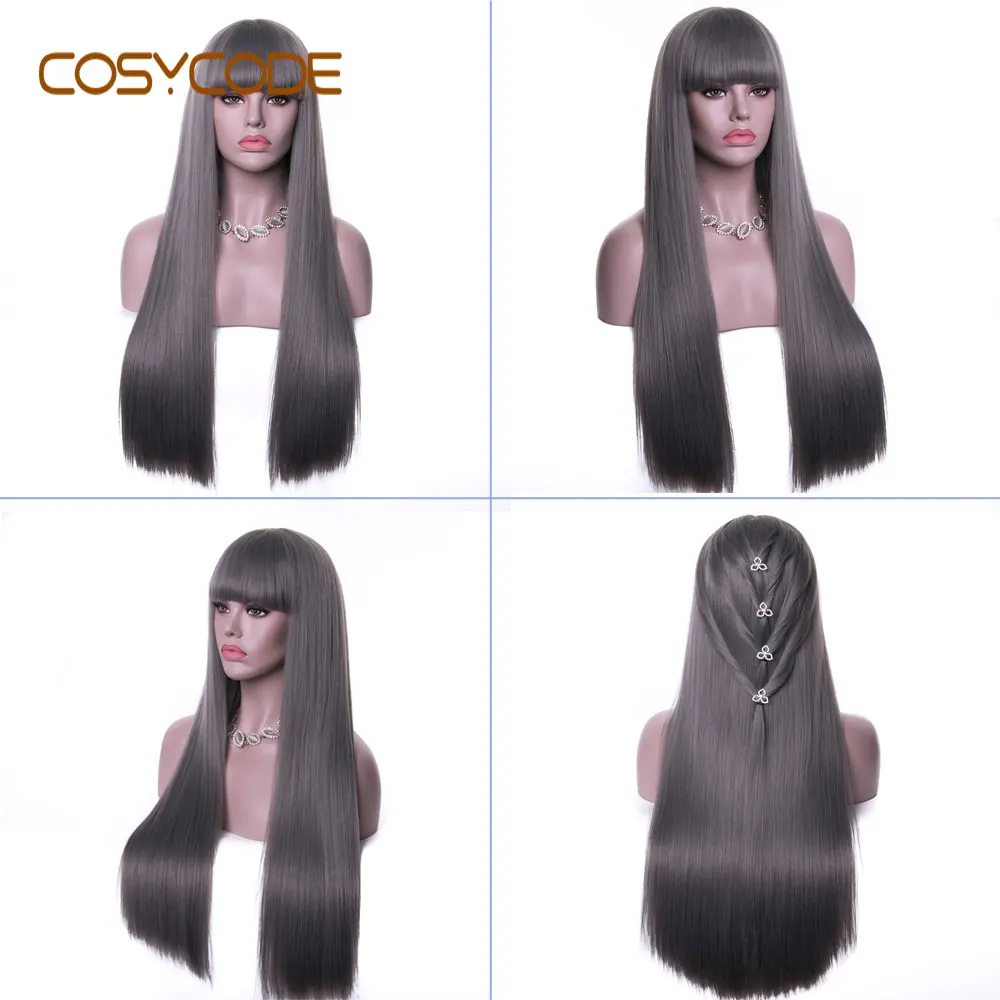 COSYCODE черный парик с челкой 26 дюймов женские парики длинные прямые некружевные синтетические Косплей парики - Цвет: grey
