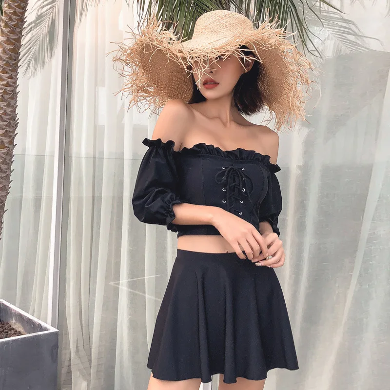 

New Style Bathing Suit-Style Simple off-Shoulder Frilled Four Corners Underpants Anti-Exposure Skirt Split Type Swimwear Bikini
